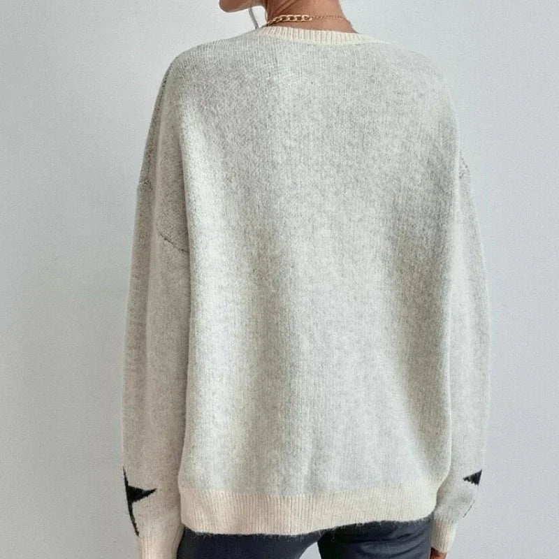 Stern Pullover Pullover Frauen Herbst Frühling Einfache Strick Elastische Pullover Jumper Casual Dicke Warme Schwarz Weiß Grundlegendes Jumper So ist Leben