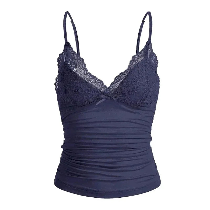 Damen Y2K Spitzen-V-Ausschnitt Spaghetti-Träger Camisole Top Slim Fit Schleife Ärmelloses Tanktop Sommer Sexy Streetwear Lässige Ausgehweste So ist Leben