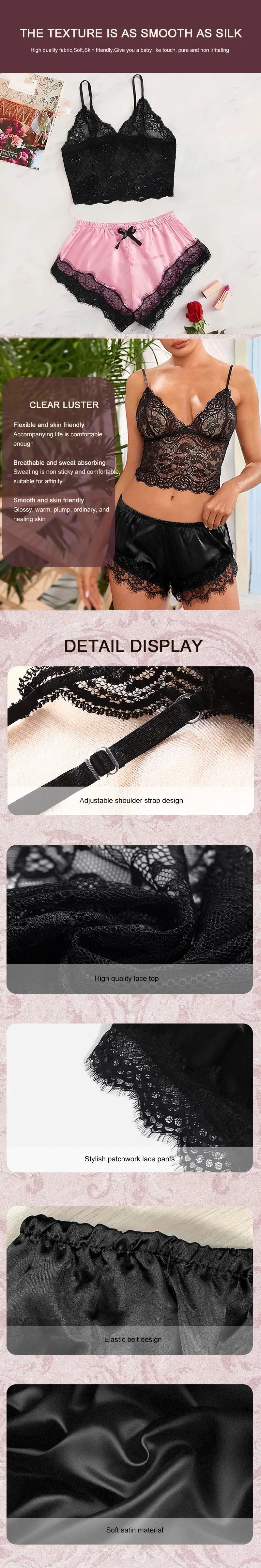1Damen 2-teiliges sexy Spitzen-Pyjama-Set, durchsichtiges Bralette, Cami-Top und Shorts, atmungsaktive Nachtwäsche, Sommer-Dessous in Übergröße So ist Leben