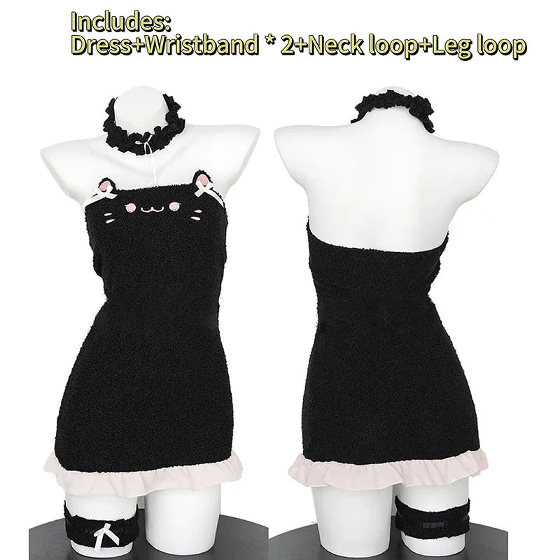 Japanische Maid Bow Plüschanzug Sexy Anime Cartoon Niedliche schwarze Katze Plüschkleid Uniform Plüsch Schatz Katze Mädchen Minikleid Cosplay So ist Leben
