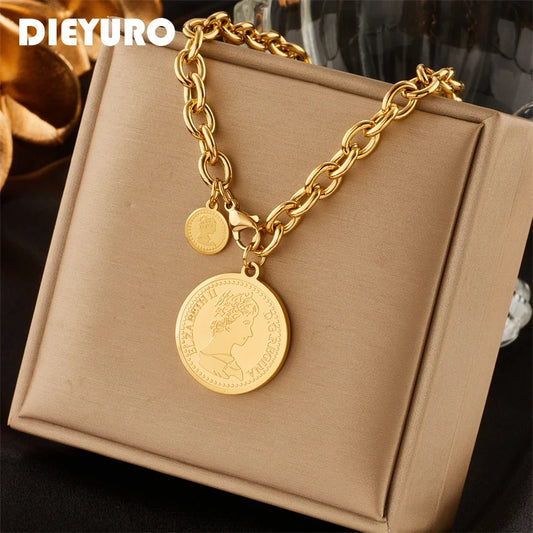 DIEYURO 316L Edelstahl Gold Farbe Hip Hop Runde Porträt Münze Halskette Für Frauen Männer Mode Trend Mädchen Schmuck Geschenk Joyas So ist Leben