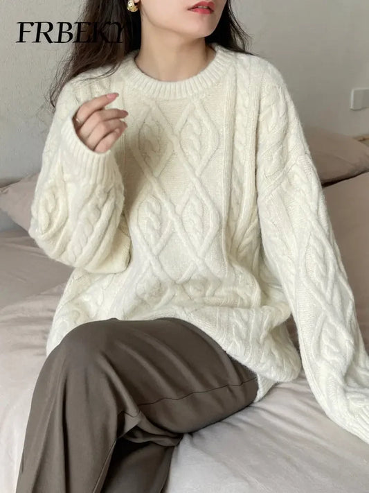 Pullover Frau Winter 2023 Rundhals Bodenbildung Twist Pullover Faul Wind Lose Beiläufige Stricken Pullover Langarm Pullover Jumper So ist Leben