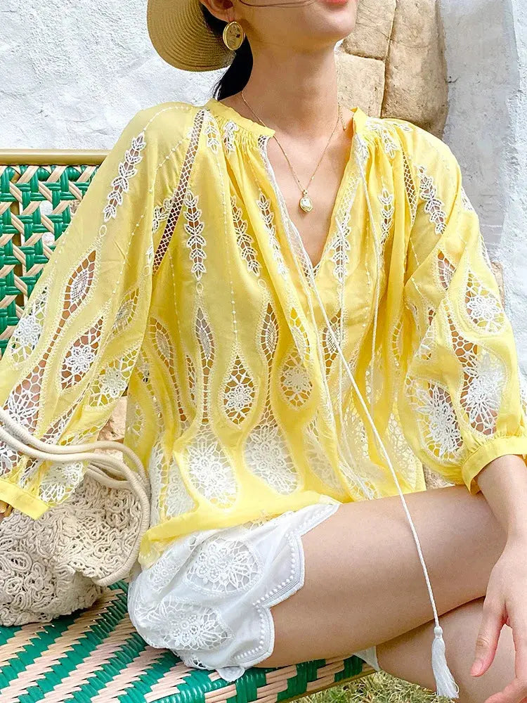 Stickerei Sommer Lose Frauen Bluse Blau Weiß Tops - So ist Leben