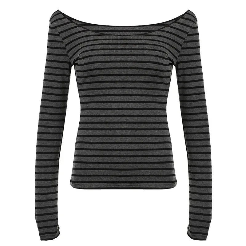 Frühling Herbst Damen Neue japanische Grundmodelle Schlankes langärmeliges gestreiftes T-Shirt Trägerloses koreanisches Street Style y2k dünne Tops So ist Leben