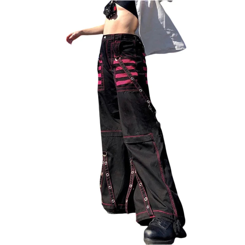 Gothic Frauen Punk Cargo Hosen Dark Academia Ästhetische Hohe Taille Baggy Hosen mit Taschen Grunge Streetwear Y2k So ist Leben