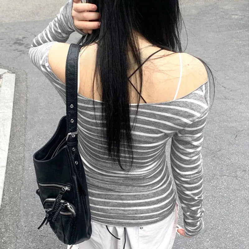 Frühling Herbst Damen Neue japanische Grundmodelle Schlankes langärmeliges gestreiftes T-Shirt Trägerloses koreanisches Street Style y2k dünne Tops So ist Leben