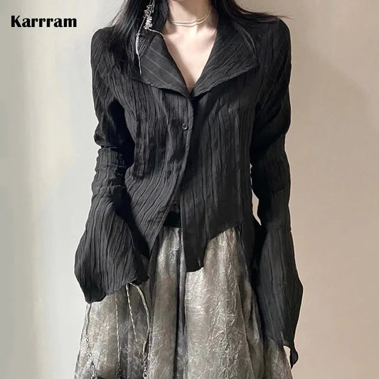 Karrram Gothic Schwarz Hemd Yamamoto Stil Dark Ästhetischen Bluse Frauen Unregelmäßigen Designer Kleidung Emo Alt Kleidung Grunge Tops Y2k So ist Leben