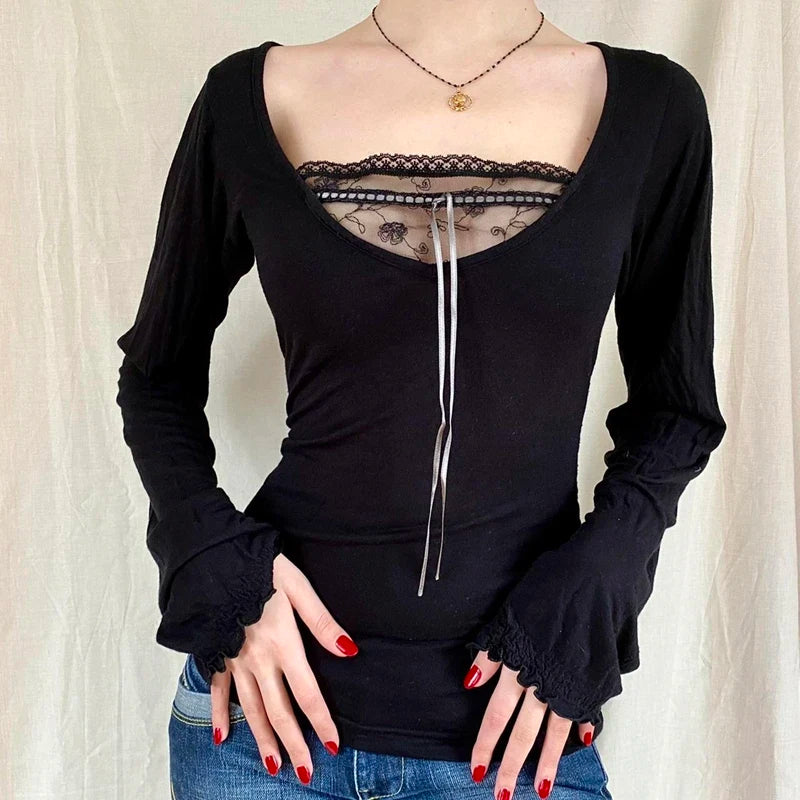 00er Jahre Retro Cottage Grunge T-Shirt Herbst gerippt gestrickt Langarm Slim Fit T-Shirts Y2K Fee 90er Jahre Vintage V-Ausschnitt Crop Tops Damen So ist Leben