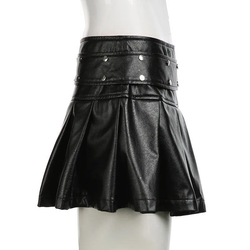 Goth Dark Punk Stil Niet Faux Pu Leder Falten röcke 90er Jahre Grunge Streetwear Frauen Einkaufs zentrum Gothic Drop A-Linie Minirock Reiß verschluss So ist Leben