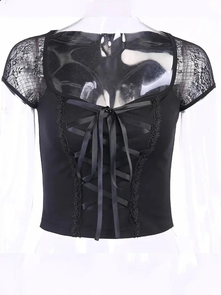 Vintage Tops Goth T-shirt Women Bodycon Bandage Lace Black T-shirts Gothic Streetwear Sexy Female Top Casual Mesh Tee - So ist Leben