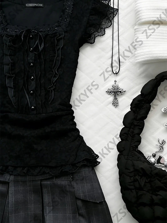 Damen Sexy Spitzen-Vintage-T-Shirts in Schwarz, Sommermode, K-Pop-Party, Elegante Kleidung, T-Shirts im 2000er-Jahre-Stil, Kawaii Y2K Schleife Grunge Goth Oberteile So ist Leben