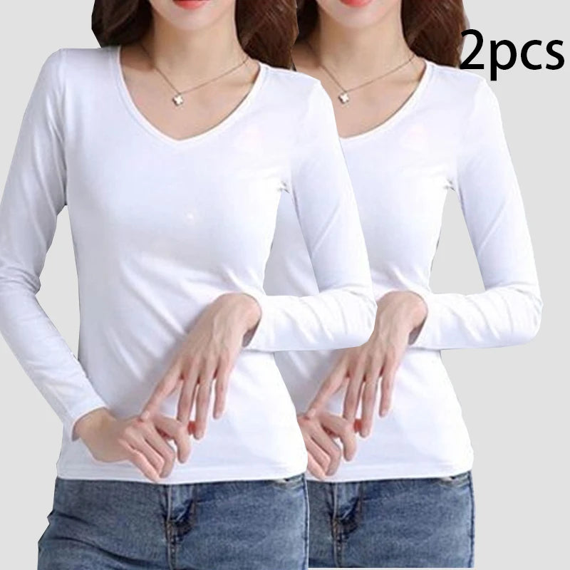 2 stücke Frauen Herbst Dünne Lange-ärmeln T-shirt Dame Thermische Unterwäsche Slim Fit Mode Neue Stil V-ausschnitt Top Schwarz weiß S-5XL So ist Leben