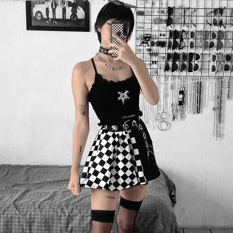 Patchwork Goth Plaid sexy Minirock Frauen Harajuku Mode Falten rock Punk ästhetische Sommer hohe Taille Rock 2021 So ist Leben