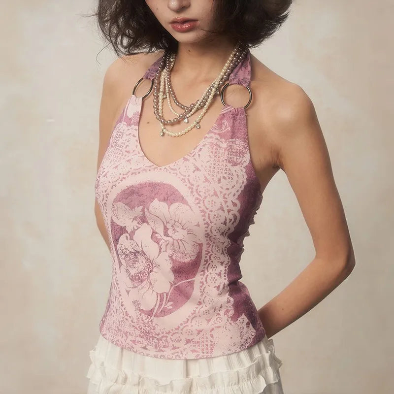 Karrcat japanische y2k Neck holder Tops Grunge Ästhetik lila Tank Top Vintage Harajuku Blumen druck Leibchen rücken frei 2000s Retro - So ist Leben
