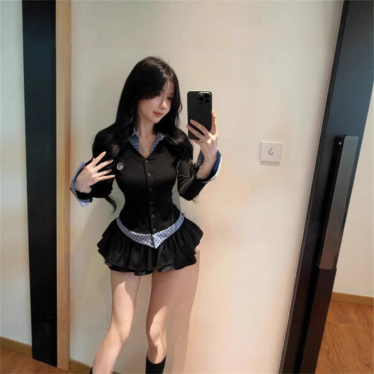 Herbst-Winter College-Style JK Uniform-Set Schlankmachendes Zweiteiler-Set mit Langarm-Oberteil und Puffrock in Halblänge So ist Leben