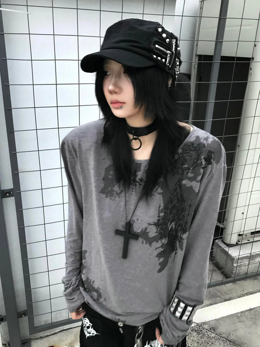 Genayooa Gothic Print T-shirt Frauen Langarm Casual Y2k Vintage Grunge Tops T Streetwear Amerikanischen Retro T-shirts Fairycore So ist Leben