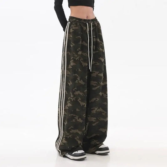 Hip Hop Vintage Tarnung gestreifte Jogging Jogging hose Frauen Streetwear übergroße elastische Taille weites Bein lässige Sport hose So ist Leben