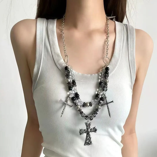 Punk Schwergewicht Totenkopf Kreuz Anhänger Halskette Gothic Dunkler Stil Niete Perlen Schmuck Umhängetasche Accessoire Glasperle Personalisiert So ist Leben