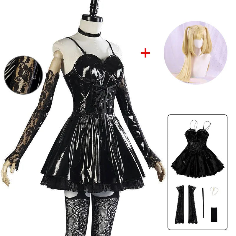 Misa Amane Cosplay Kostüm Perücke Kunstleder Sexy Kleid Halskette Spitze Ärmel Strümpfe Frauen Uniformen Anime Outfits