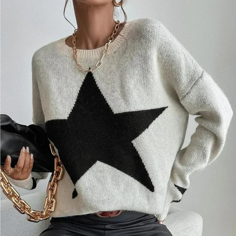 Stern Pullover Pullover Frauen Herbst Frühling Einfache Strick Elastische Pullover Jumper Casual Dicke Warme Schwarz Weiß Grundlegendes Jumper So ist Leben