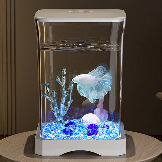 Aquarium Starter Kit Mini Desktop Rechteckiges Aquarium mit oberes Futterloch mit unten Licht Tischdekoration für Betta So ist Leben