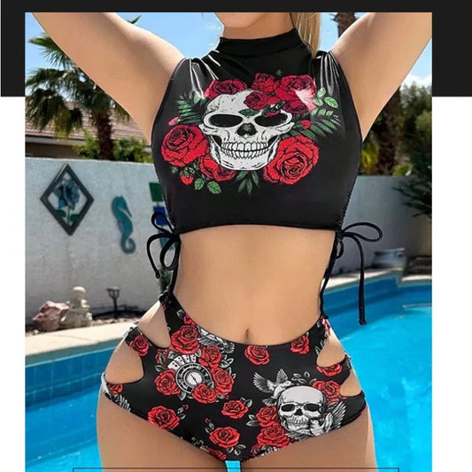 Gothic Floral Skull Bikini Set Sexy Dark Romance Zweiteiliger Edgy Print Badeanzug für Frauen Sommer Hollow Out Höschen Badeanzug Ropa So ist Leben