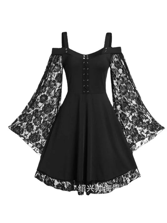2022 neue Gothic Eine-schulter Spitze Nähte Ausgestellte Ärmel Kleid Literarischen Vintage Herbst Grunge Schwarz A-line Kleid Punk Party So ist Leben