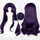 Anime EVA Katsuragi Misato Cosplay Perücke 55 cm Lange Perücke Schwarz Lila Lockiges Haar Hitzebeständige Synthetische Perücken Halloween Party So ist Leben
