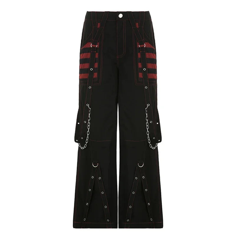 Gothic Frauen Punk Cargo Hosen Dark Academia Ästhetische Hohe Taille Baggy Hosen mit Taschen Grunge Streetwear Y2k So ist Leben