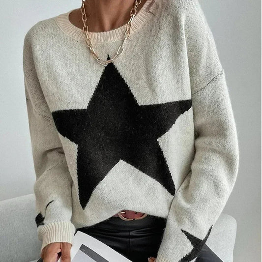 Stern Pullover Pullover Frauen Herbst Frühling Einfache Strick Elastische Pullover Jumper Casual Dicke Warme Schwarz Weiß Grundlegendes Jumper So ist Leben