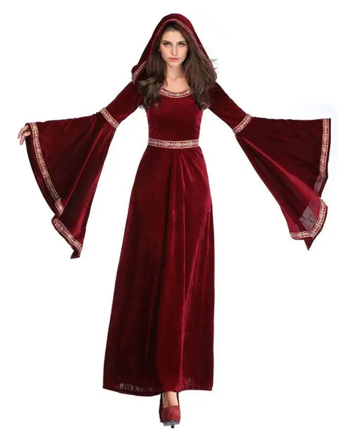 Mittelalter liches Retro viktoria nisches Kleid für Frauen Halloween Party Vampir Hexen kostüm Gothic Red Flare Ärmel Kapuze langes Kleid Vestidos So ist Leben