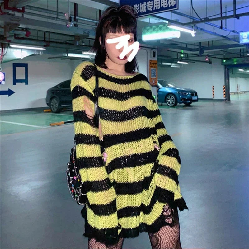 Goth Punk Gothic Pullover Übergroße Pullover Frauen Gestreiften Cool Aushöhlen Loch Gebrochen Jumper Harajuku Ästhetik Pullover So ist Leben
