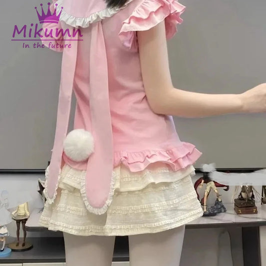 Lolita T‑Shirt mit Schleife & modernem Umlegekragen