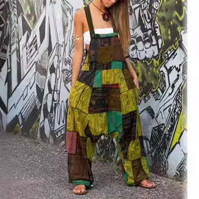 2024 Damen neuer Hip-Hop-Overall, heißer Stil, Hippie-Nähte, ethnischer Druck, ärmellos, lockere Haremtasche, Overalls, Grün So ist Leben
