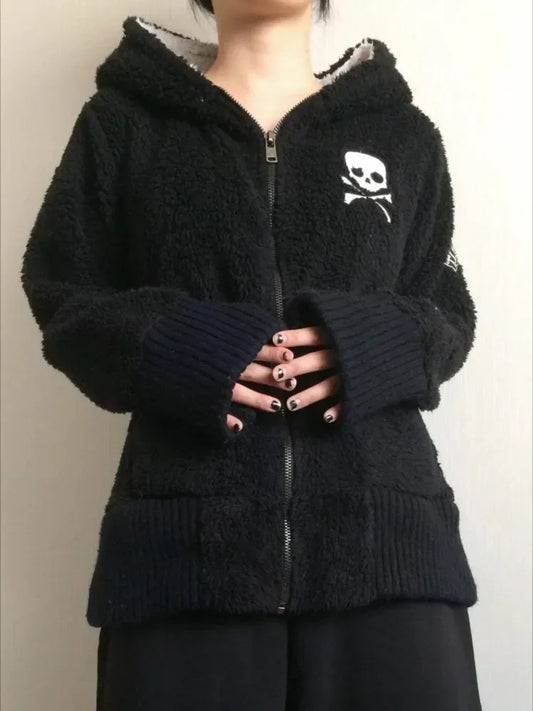 Y2k Lamm Wolle Jacken Frauen Gothic Hoodies Kreuz Schädel Grunge Zipper Sweatshirts Vintage Casual Mit Kapuze Mäntel Harajuku Streetwear So ist Leben