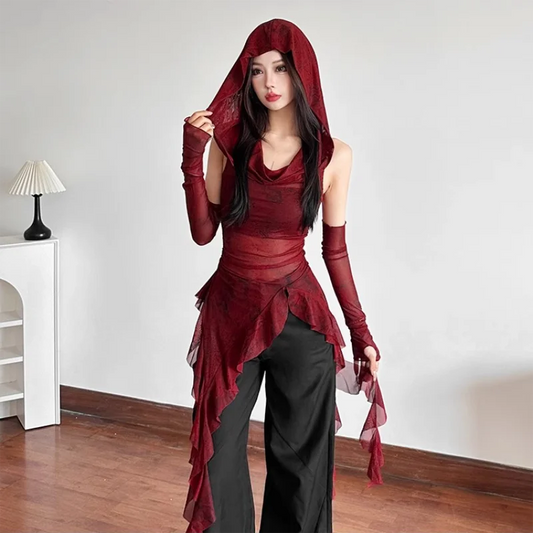 Gothic Mesh Top mit Kapuze – Modernes Y2K Design - So ist Leben