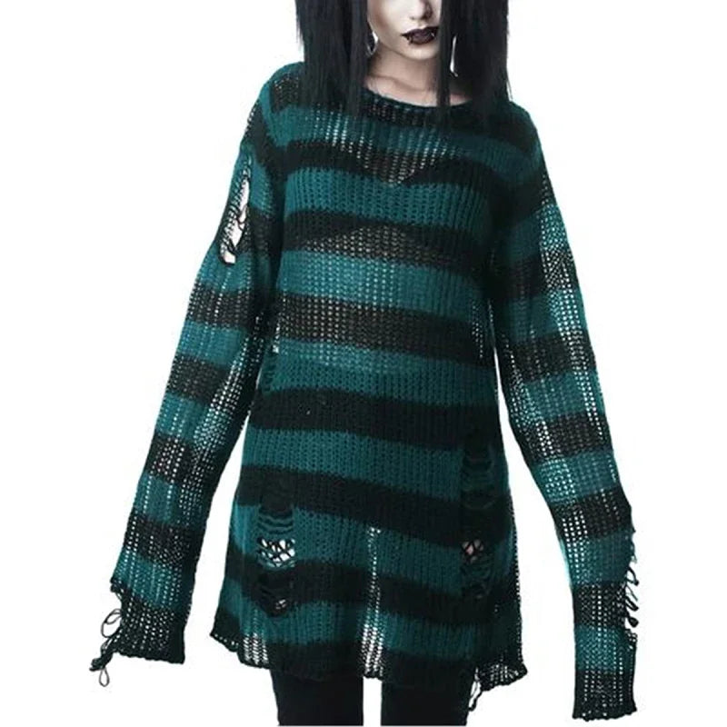 Goth Punk Gothic Pullover Übergroße Pullover Frauen Gestreiften Cool Aushöhlen Loch Gebrochen Jumper Harajuku Ästhetik Pullover So ist Leben