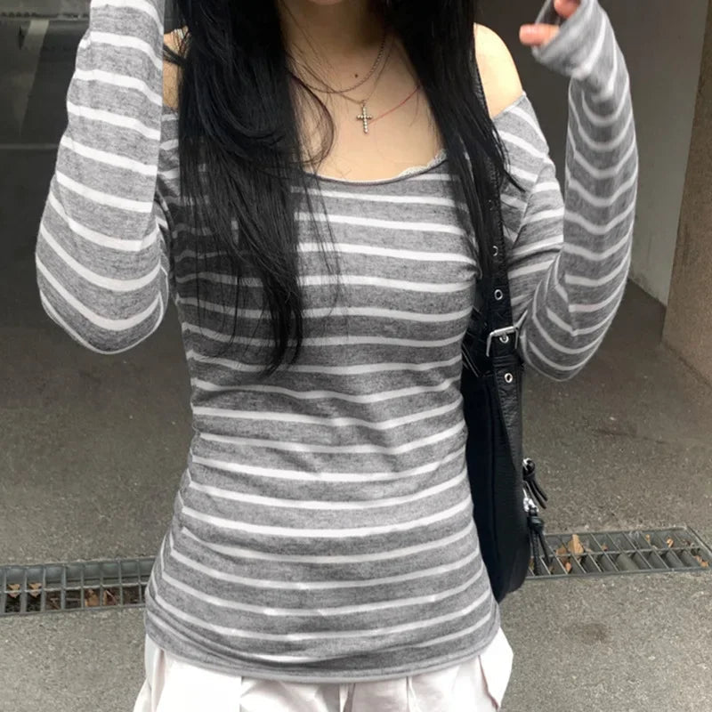 Frühling Herbst Damen Neue japanische Grundmodelle Schlankes langärmeliges gestreiftes T-Shirt Trägerloses koreanisches Street Style y2k dünne Tops So ist Leben