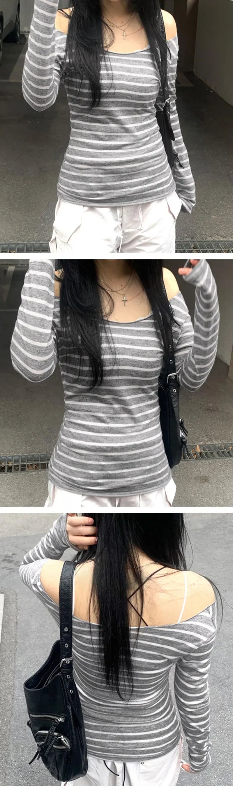 Frühling Herbst Damen Neue japanische Grundmodelle Schlankes langärmeliges gestreiftes T-Shirt Trägerloses koreanisches Street Style y2k dünne Tops So ist Leben