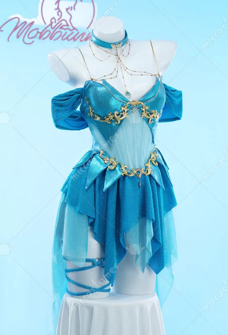 MOBBUNNY Damen Bloom Derivative Sexy Dessous-Kleid, tief ausgeschnitten, unregelmäßiges blaues Kleid mit Ärmeln, Halsband, Cosplay-Kostüm So ist Leben