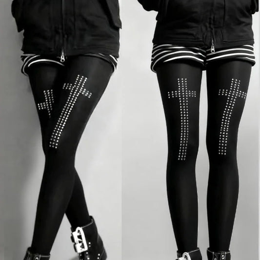 Gothic Vintage Strass Kreuz Strumpfhosen Hosen Spicy Girls Schwarz Ästhetik Hip-Hop Straße Casual Frauen Y2K Cosplay Strumpfhosen So ist Leben