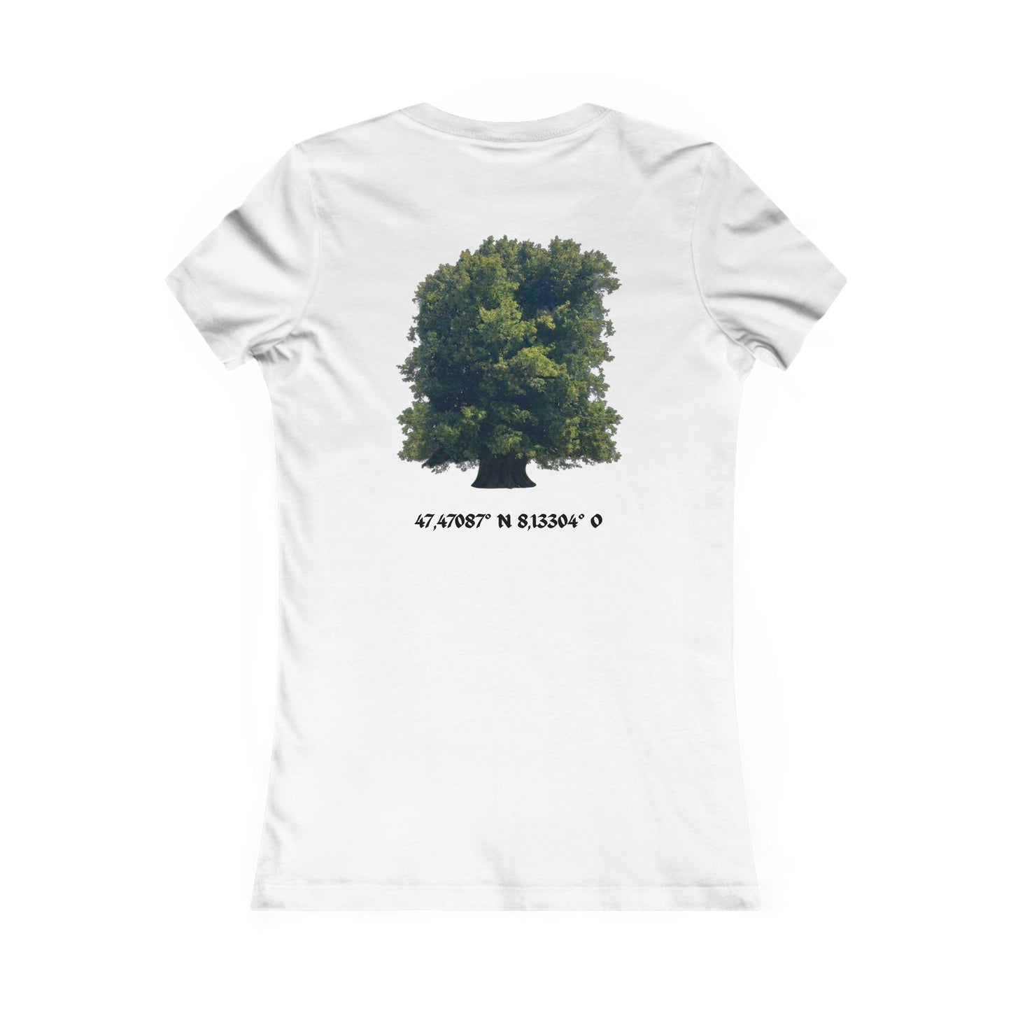 Women's Tee — Sitting Woman Bench Front & Tree with Coordinates Back Printify