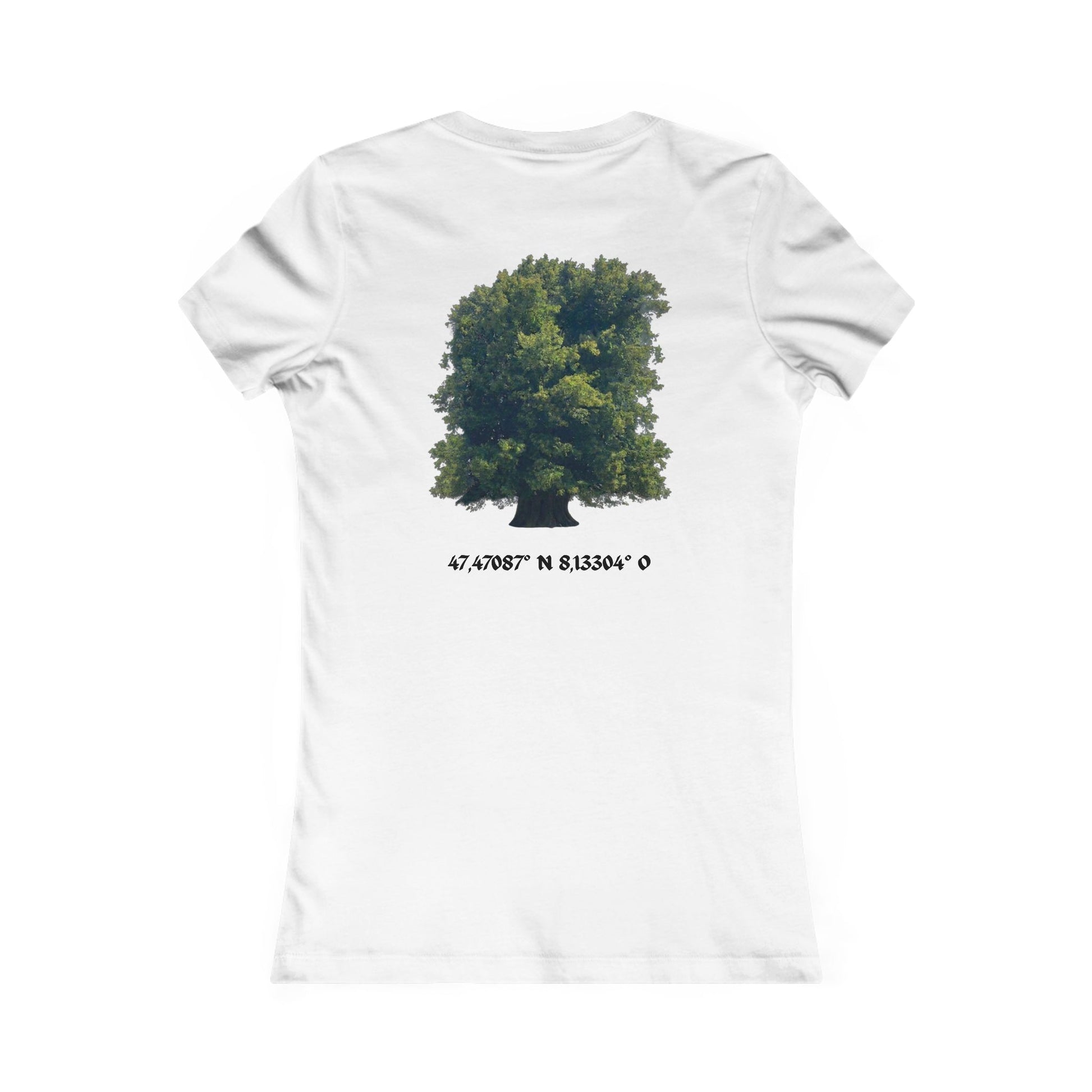 Women's Tee — Sitting Woman Bench Front & Tree with Coordinates Back Printify