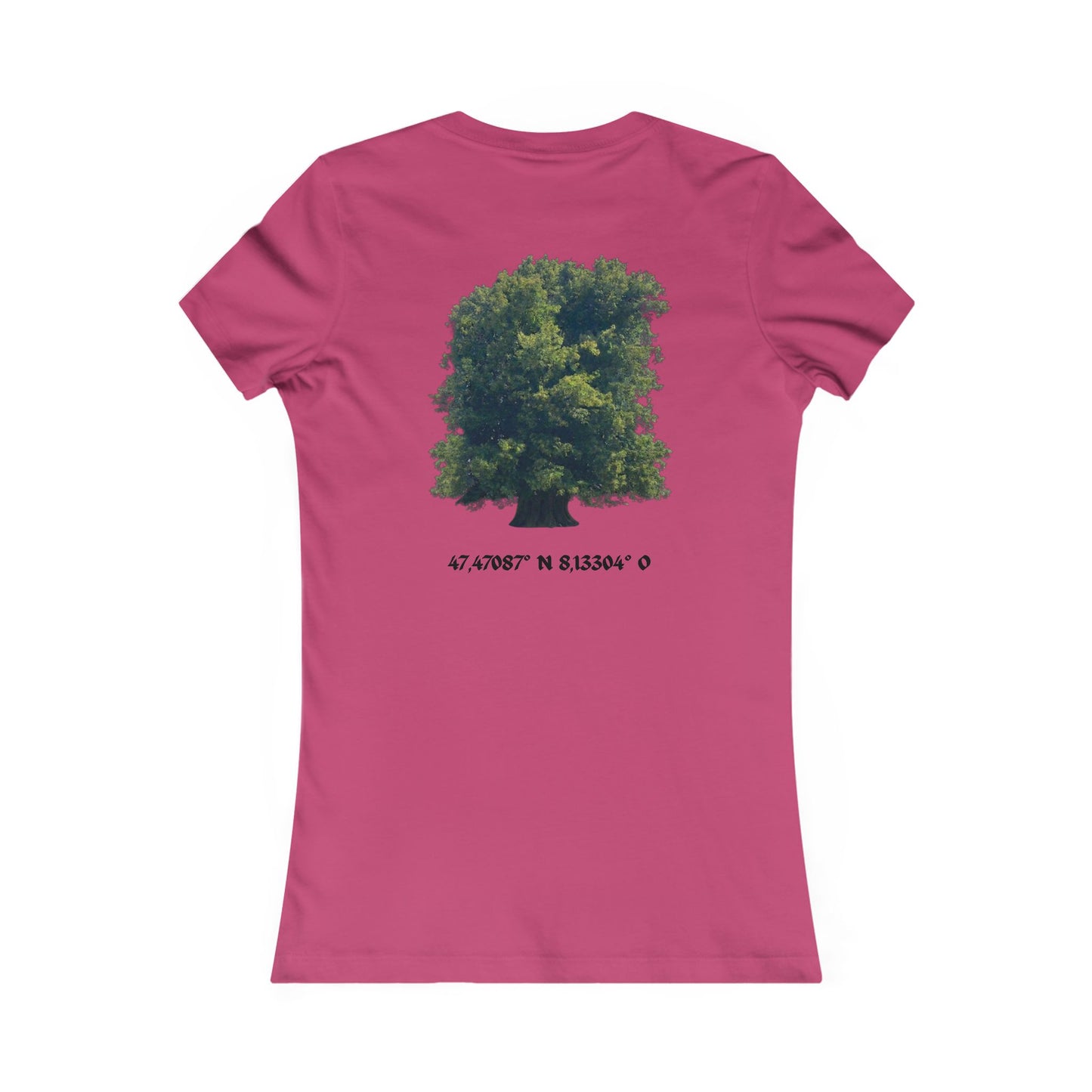 Women's Tee — Sitting Woman Bench Front & Tree with Coordinates Back Printify