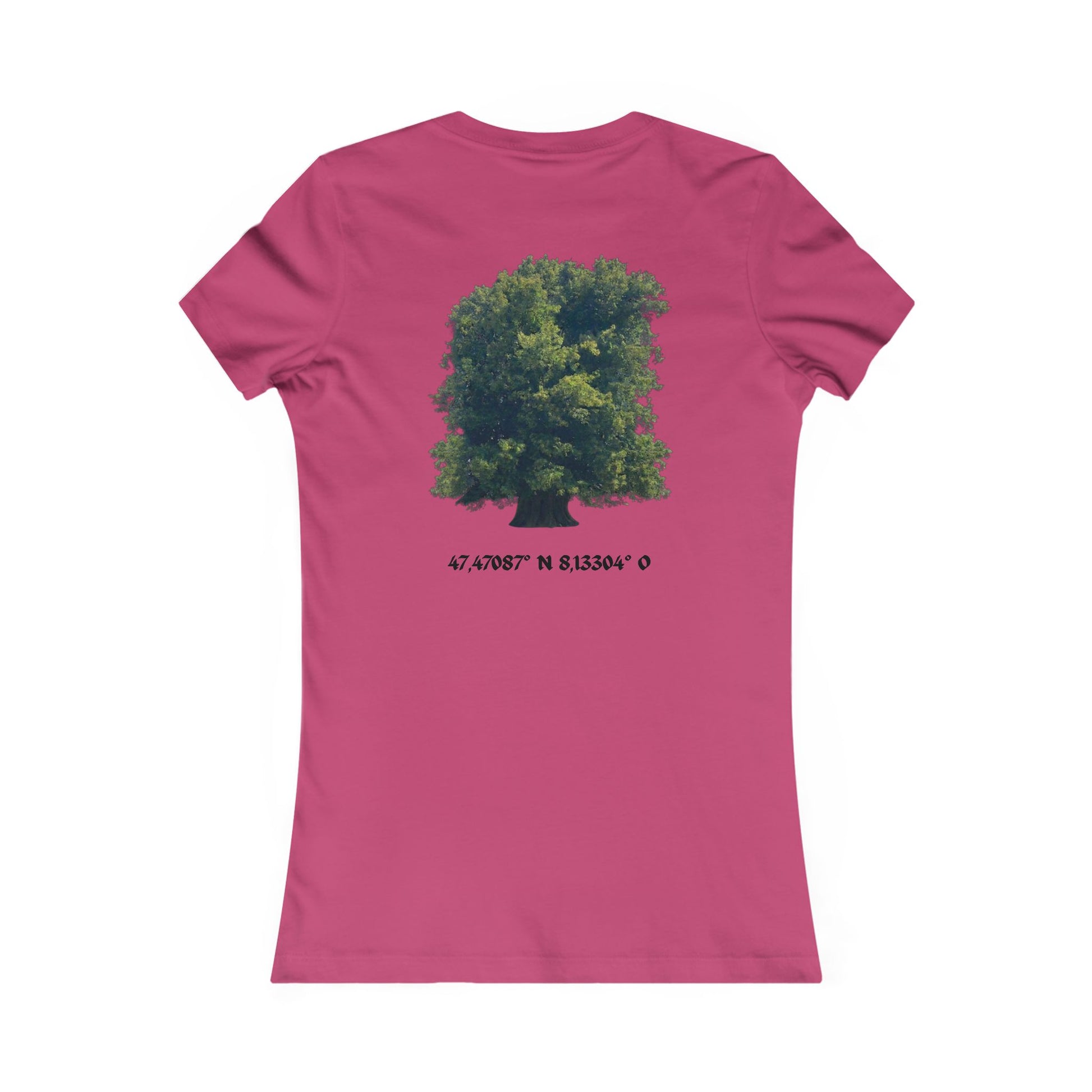 Women's Tee — Sitting Woman Bench Front & Tree with Coordinates Back Printify