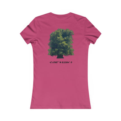 Women's Tee — Sitting Woman Bench Front & Tree with Coordinates Back Printify