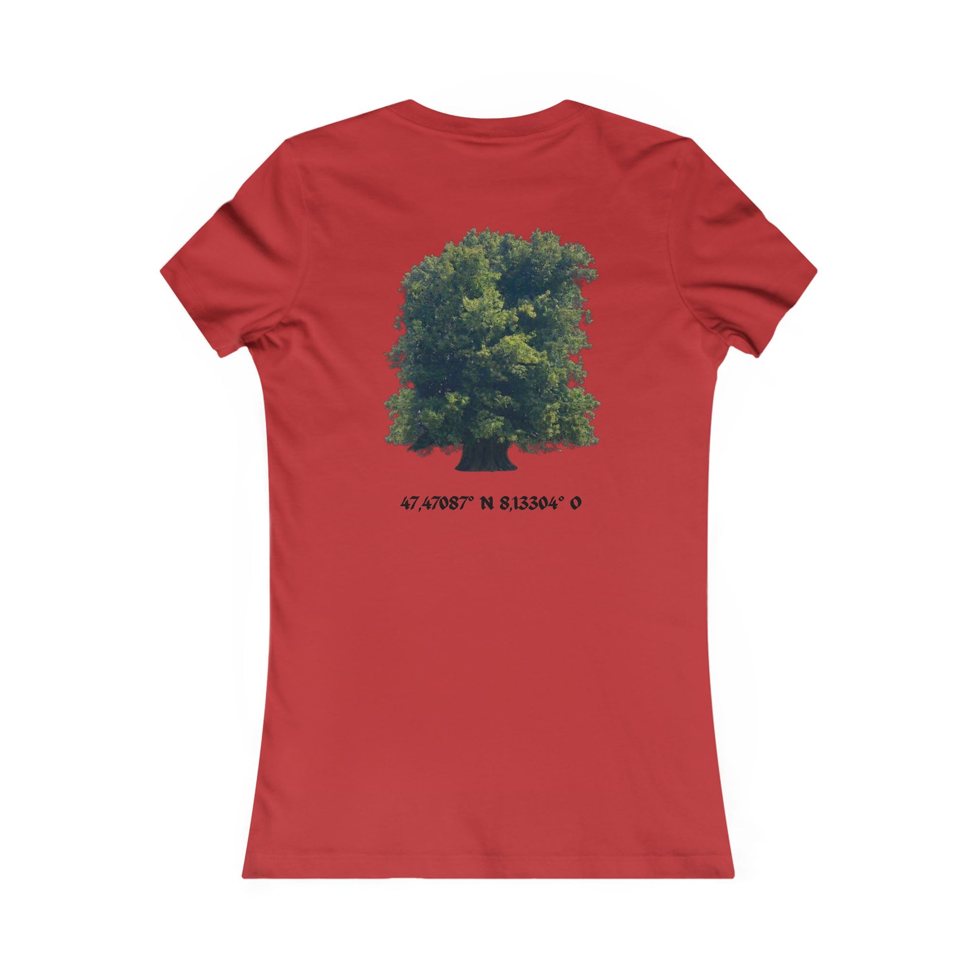 Women's Tee — Sitting Woman Bench Front & Tree with Coordinates Back Printify