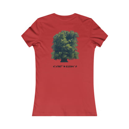 Women's Tee — Sitting Woman Bench Front & Tree with Coordinates Back Printify