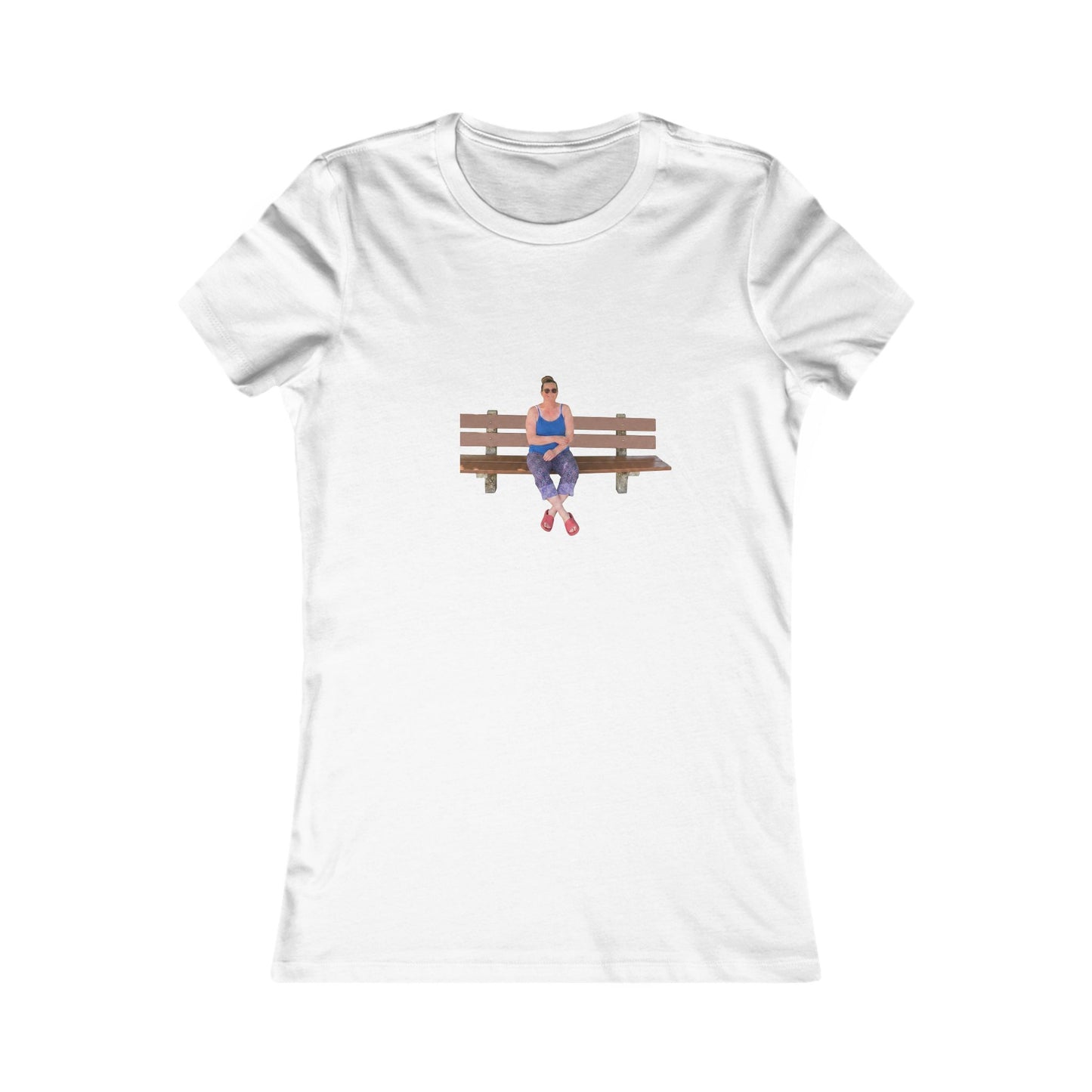 Women's Tee — Sitting Woman Bench Front & Tree with Coordinates Back Printify