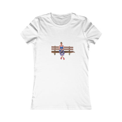Women's Tee — Sitting Woman Bench Front & Tree with Coordinates Back Printify